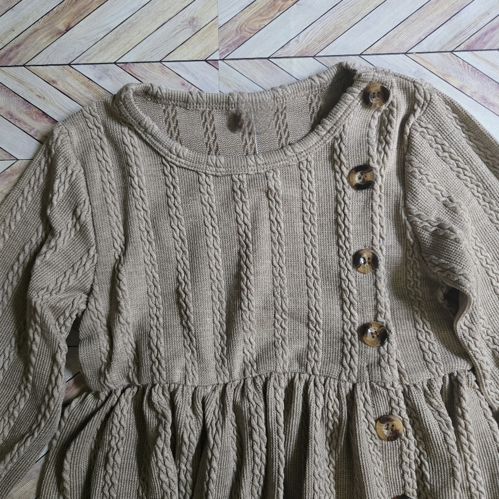 Girls Cottagecore Cable Knit Sweater Dress Button-Side Long Sleeve Ruffle Cuff - Picture 4 of 9